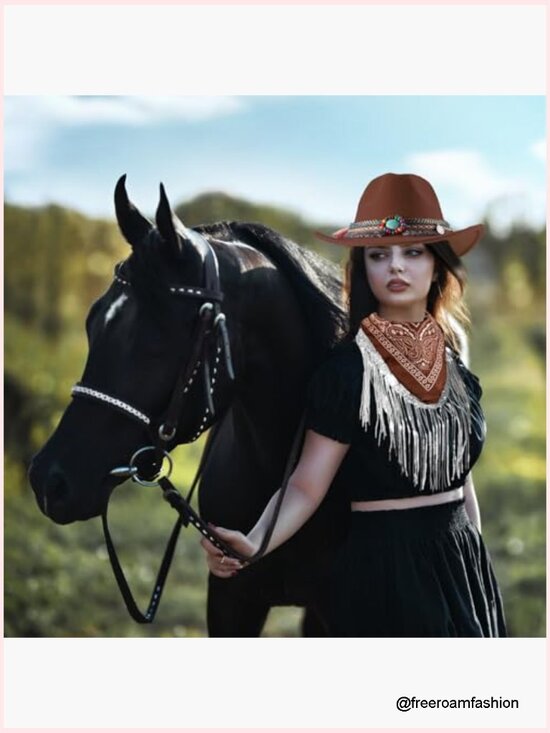 Wide Brim Cowboy Hat with Fringe Bandana Set Western Cowgirl Costume